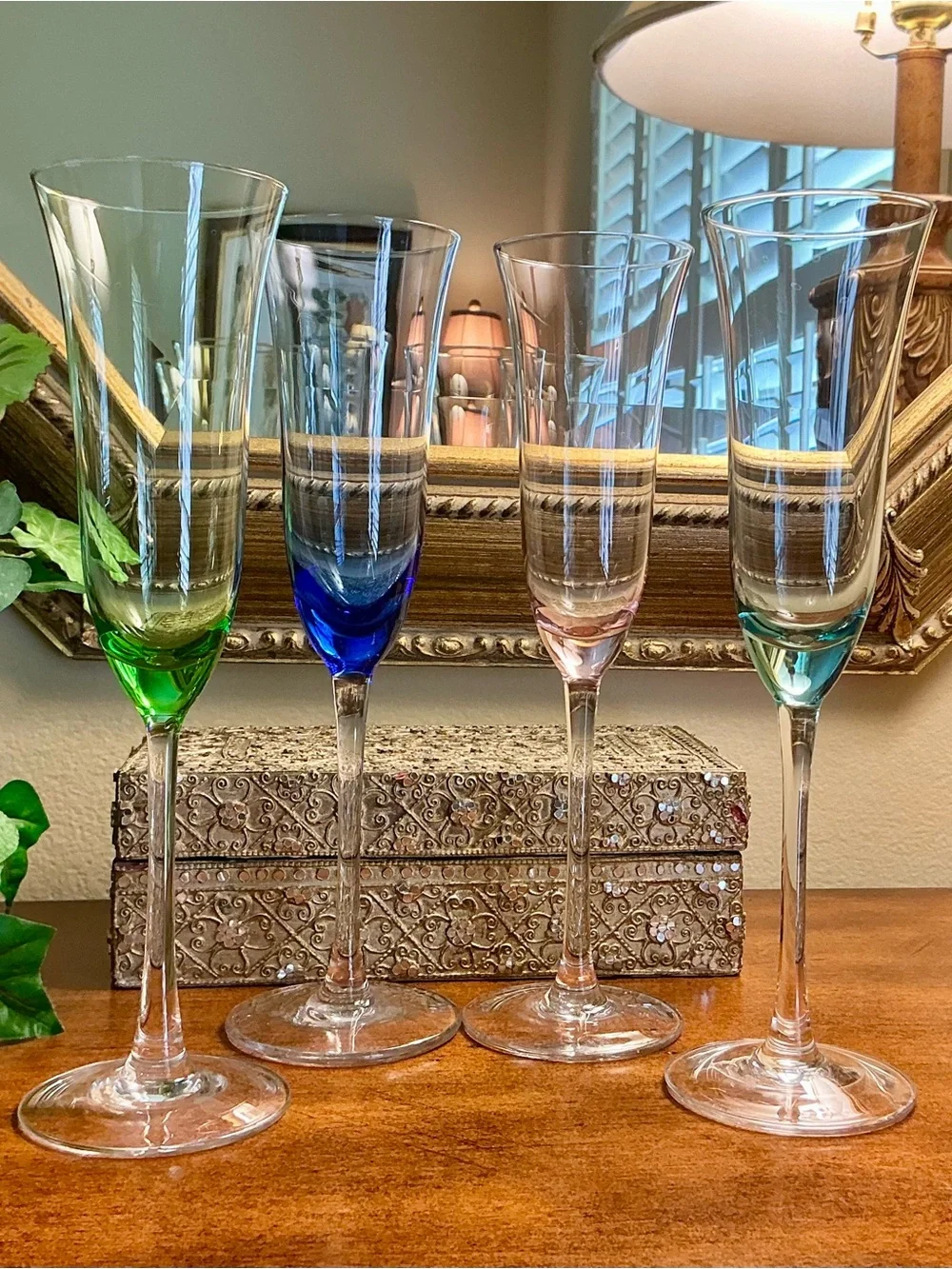Vintage Hand-Blown Art Glass Champagne Flutes - Jewel Toned-Set of 4